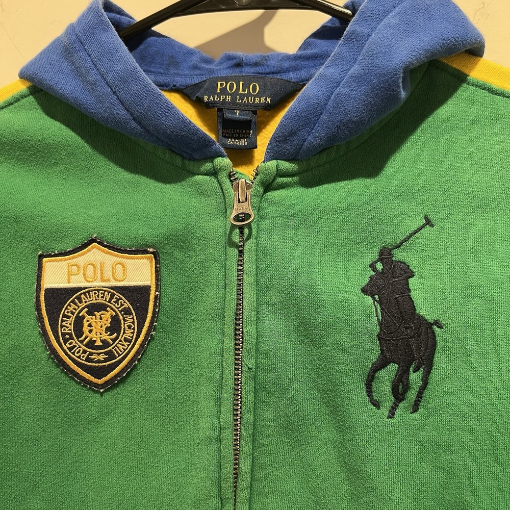Polo Ralph Lauren Hoodie Boys Size 7 Embroidered Big Pony Logo Blue Green Yellow - Picture 2 of 4